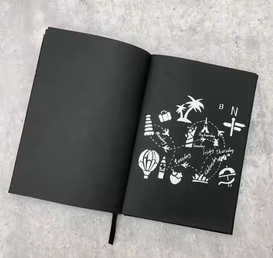 Agenda Negra con Hojas Negras + Lapicero Blanco